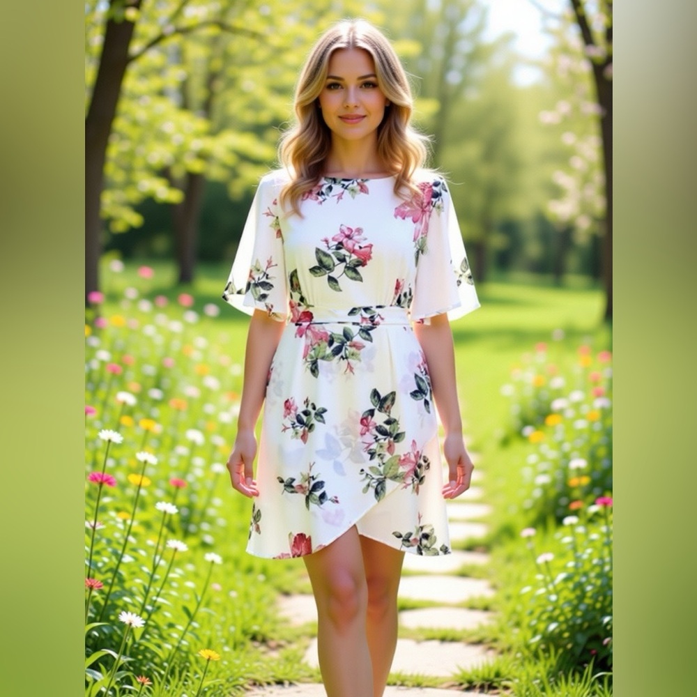 EXECUTIVE PONIES Floral Faux Wrap Tulip Mini Dress Flutter Sleeve Cottagecore 10